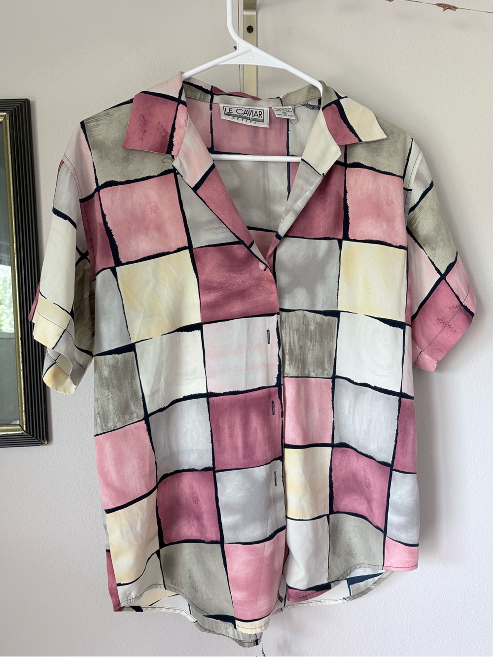 Vintage Le Caviar Petite Abstract Geometric Print Silky Blouse 80s Pastel Top